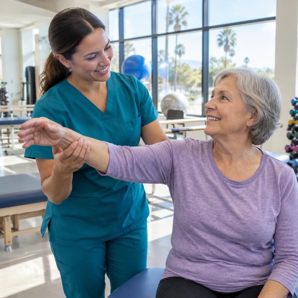 Physical therapist supporting a patient in a California rehabilitation gym